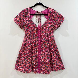 Betsey Johnson Pink Floral Puff Sleeve Mini Dress Sz M Cottagecore Button Front